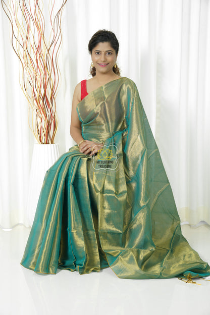 Pure Tissue Mulmul Handwoven Saree - Green Gold