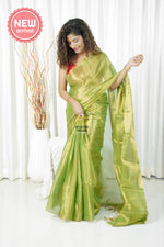 Load image into Gallery viewer, Pure Tissue Mulmul Handwoven Saree - Henna Green Gold
