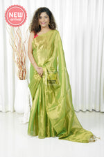 Load image into Gallery viewer, Pure Tissue Mulmul Handwoven Saree - Henna Green Gold
