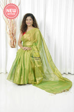 Load image into Gallery viewer, Pure Tissue Mulmul Handwoven Saree - Henna Green Gold
