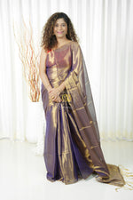 Load image into Gallery viewer, Pure Tissue Mulmul Handwoven Saree - Purple Gold
