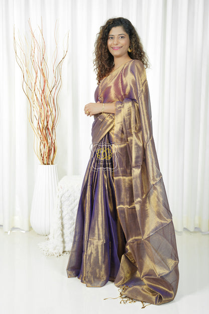 Pure Tissue Mulmul Handwoven Saree - Purple Gold