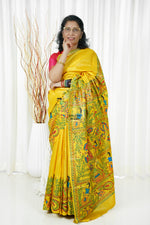 Load image into Gallery viewer, Pure Tussar Silk Madhubani Hand Painted Saree - Amber Yellow
