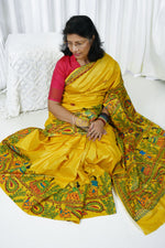 Load image into Gallery viewer, Pure Tussar Silk Madhubani Hand Painted Saree - Amber Yellow
