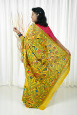 Load image into Gallery viewer, Pure Tussar Silk Madhubani Hand Painted Saree - Amber Yellow
