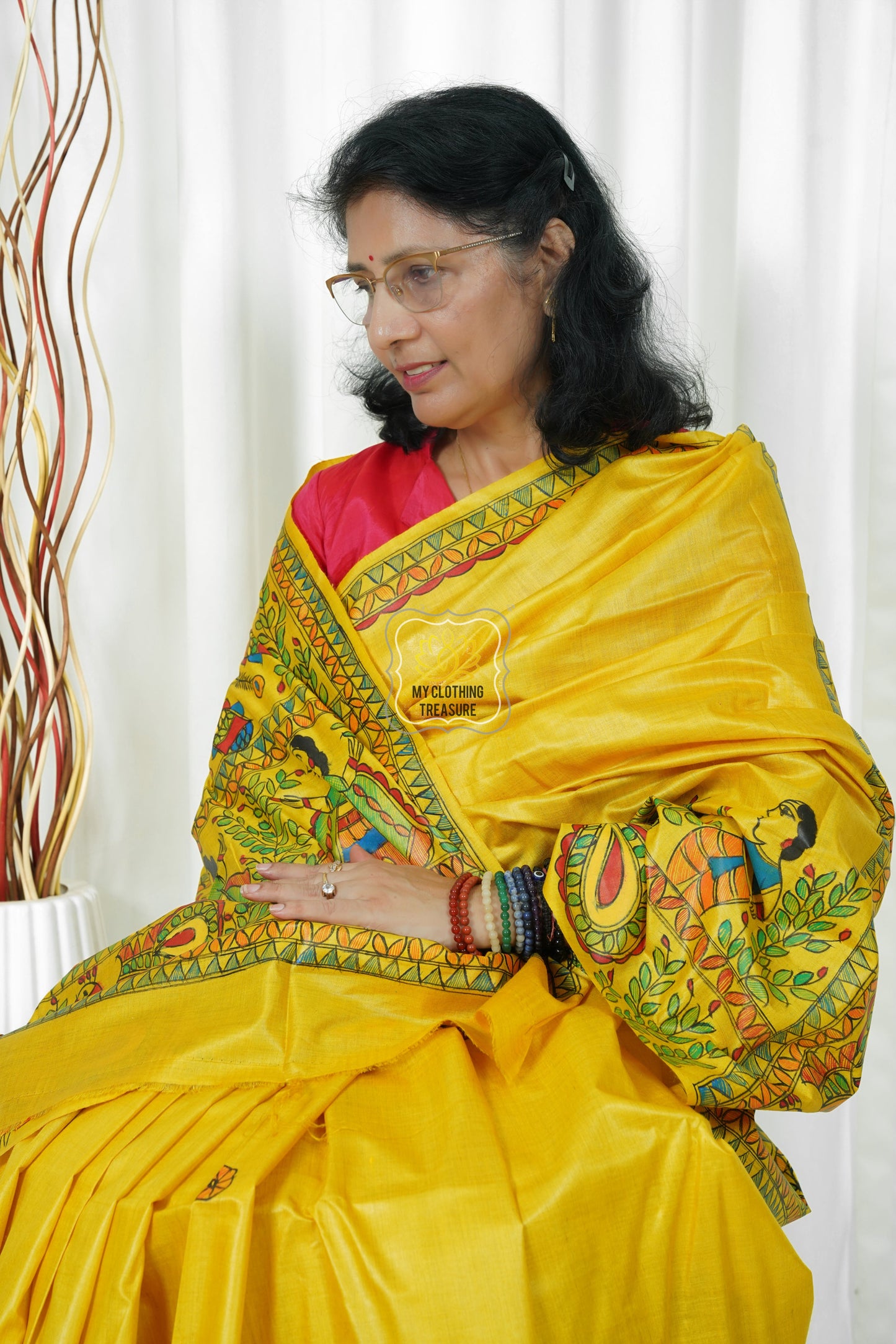 Pure Tussar Silk Madhubani Hand Painted Saree - Amber Yellow