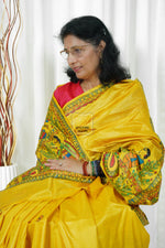 Load image into Gallery viewer, Pure Tussar Silk Madhubani Hand Painted Saree - Amber Yellow
