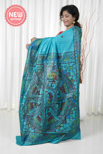 Load image into Gallery viewer, Pure Tussar Silk Madhubani Hand Painted Saree - Blue
