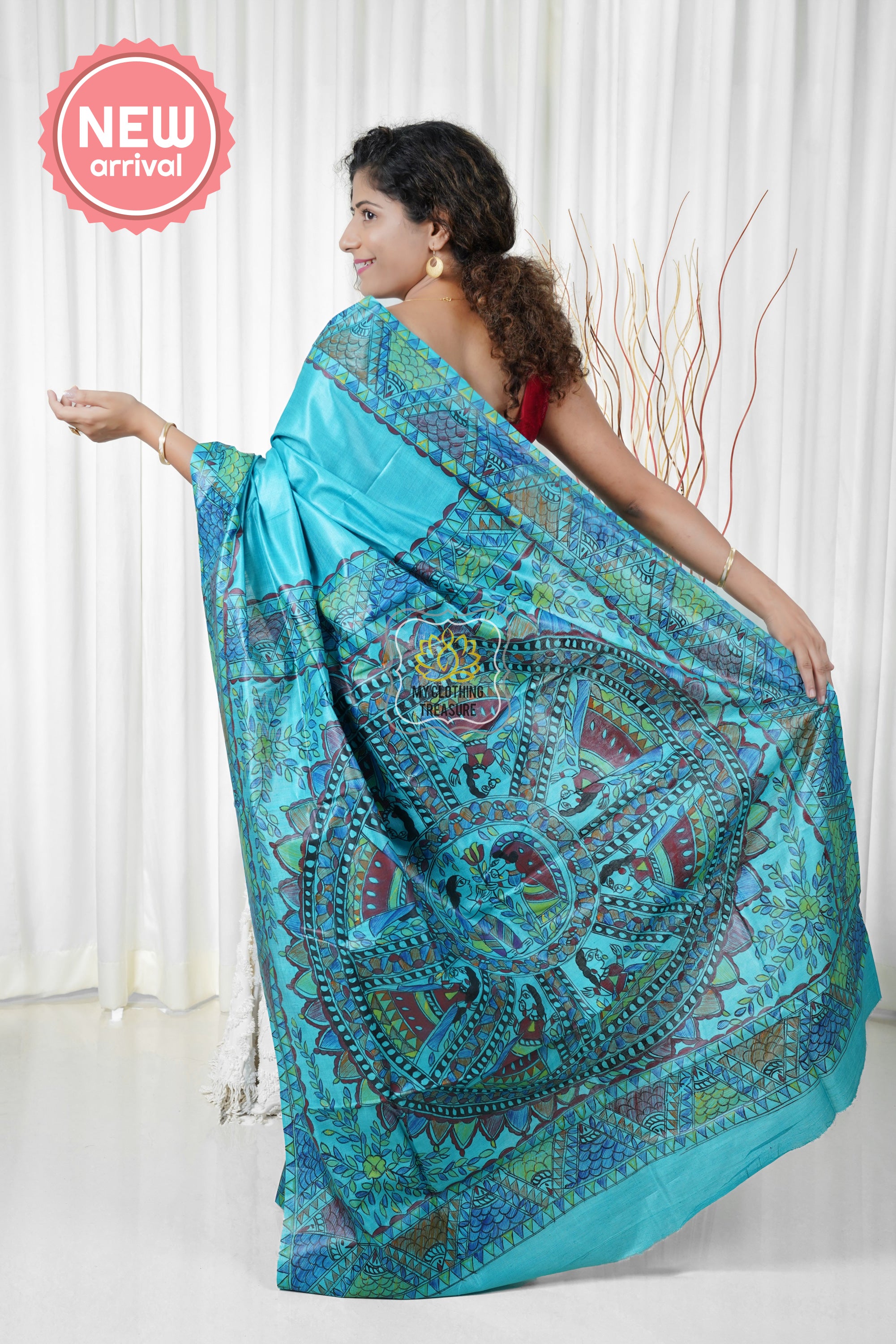 Pure Tussar Silk Madhubani Hand Painted Saree - Blue