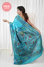 Load image into Gallery viewer, Pure Tussar Silk Madhubani Hand Painted Saree - Blue
