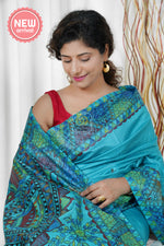 Load image into Gallery viewer, Pure Tussar Silk Madhubani Hand Painted Saree - Blue
