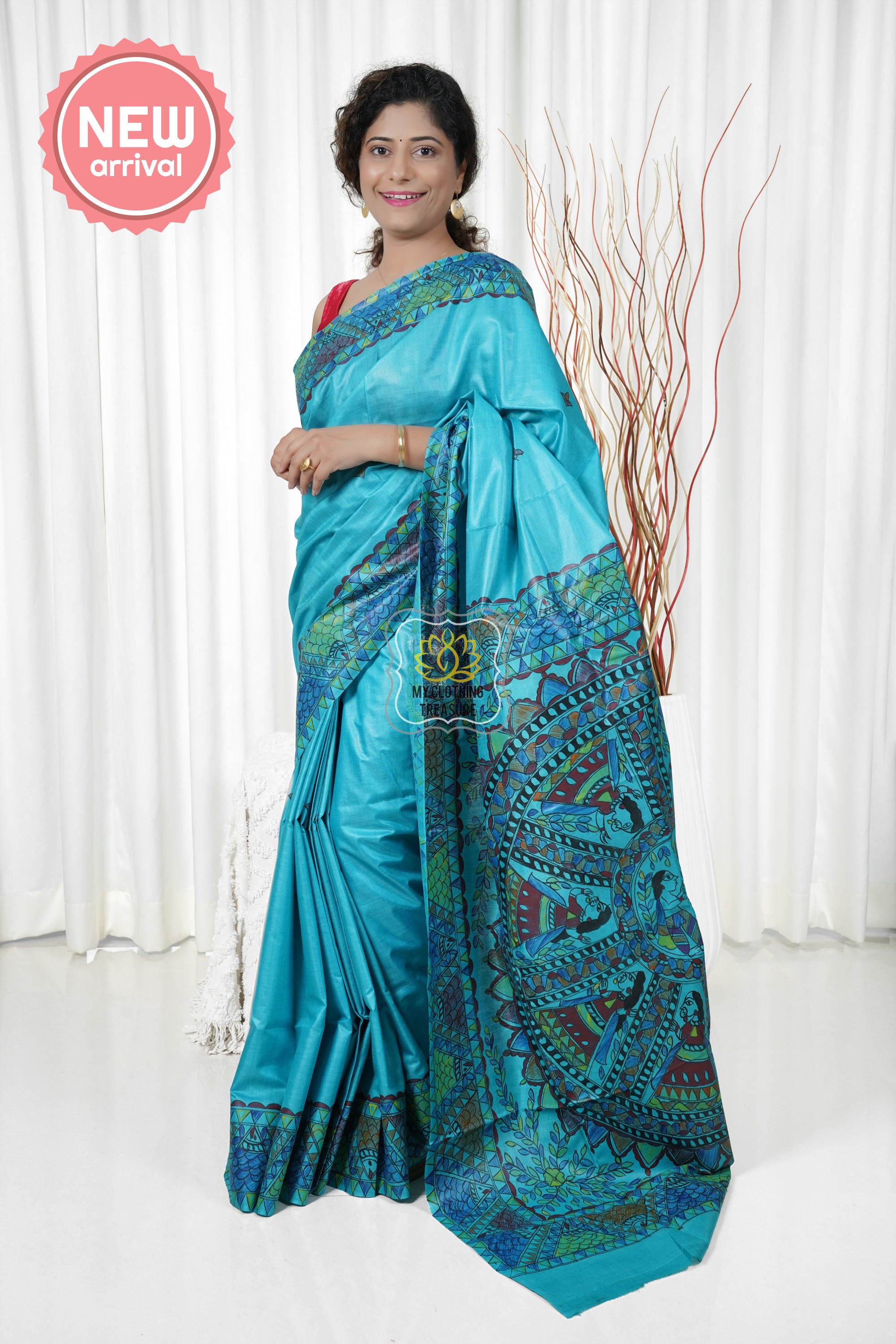 Pure Tussar Silk Madhubani Hand Painted Saree - Blue