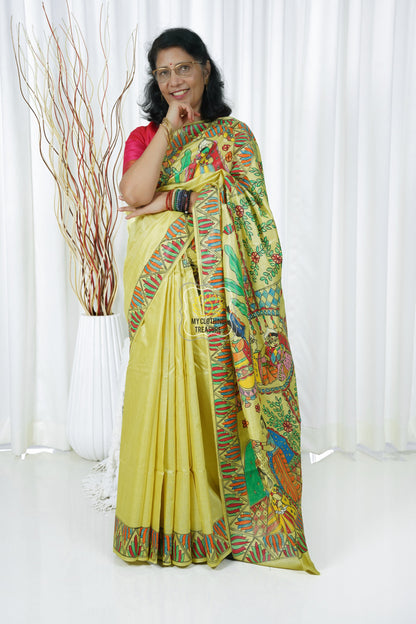 Pure Tussar Silk Madhubani Hand Painted Saree - Lime