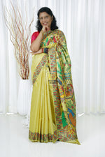 Load image into Gallery viewer, Pure Tussar Silk Madhubani Hand Painted Saree - Lime
