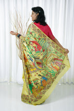 Load image into Gallery viewer, Pure Tussar Silk Madhubani Hand Painted Saree - Lime
