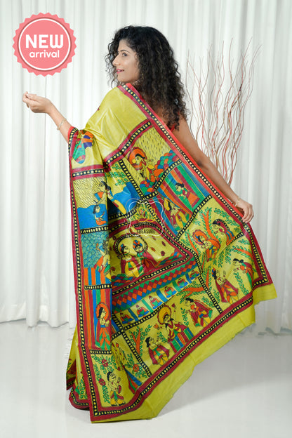 Pure Tussar Silk Madhubani Hand Painted Saree - Lime Yellow