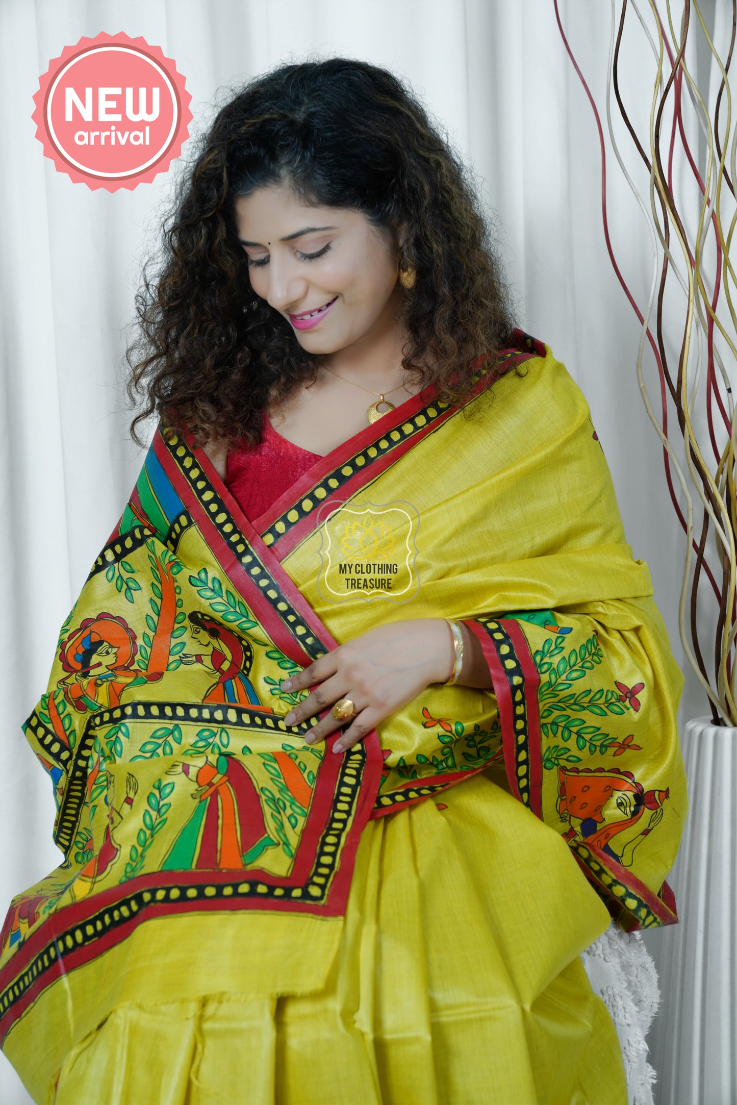 Pure Tussar Silk Madhubani Hand Painted Saree - Lime Yellow