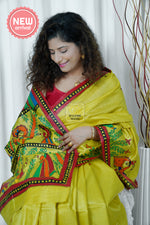 Load image into Gallery viewer, Pure Tussar Silk Madhubani Hand Painted Saree - Lime Yellow
