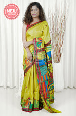 Load image into Gallery viewer, Pure Tussar Silk Madhubani Hand Painted Saree - Lime Yellow
