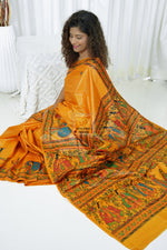 Load image into Gallery viewer, Pure Tussar Silk Madhubani Hand Painted Saree - Orange
