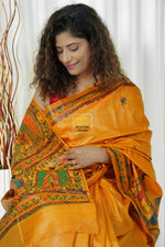 Load image into Gallery viewer, Pure Tussar Silk Madhubani Hand Painted Saree - Orange
