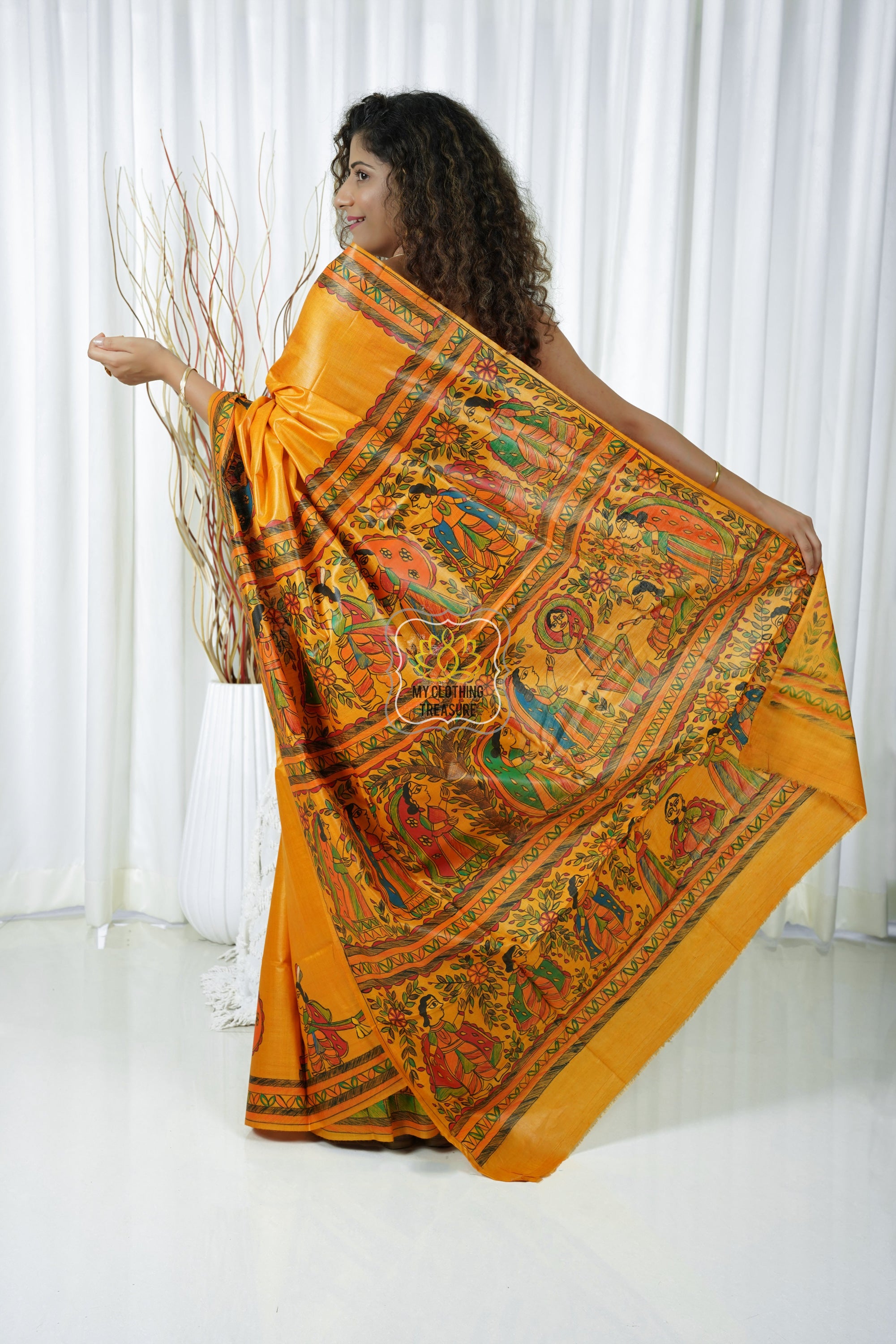 Pure Tussar Silk Madhubani Hand Painted Saree - Orange