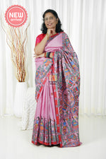 Load image into Gallery viewer, Pure Tussar Silk Madhubani Hand Painted Saree - Pink
