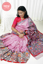 Load image into Gallery viewer, Pure Tussar Silk Madhubani Hand Painted Saree - Pink
