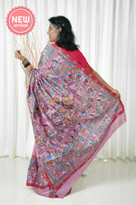 Load image into Gallery viewer, Pure Tussar Silk Madhubani Hand Painted Saree - Pink
