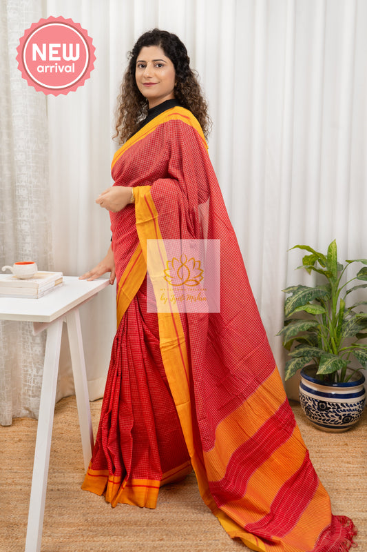 Red Patteda Anchu Cotton Saree With Yellow Border