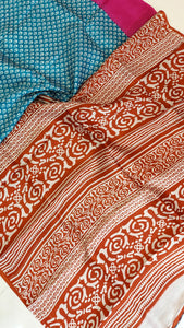 Murshidabad Pure Silk Sarees Hand block Print- Blue