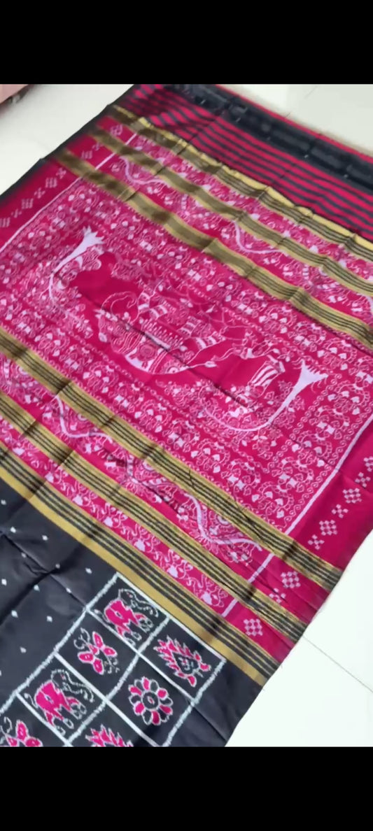 Nuapatna Ikkat Silk Saree- Black & Magenta