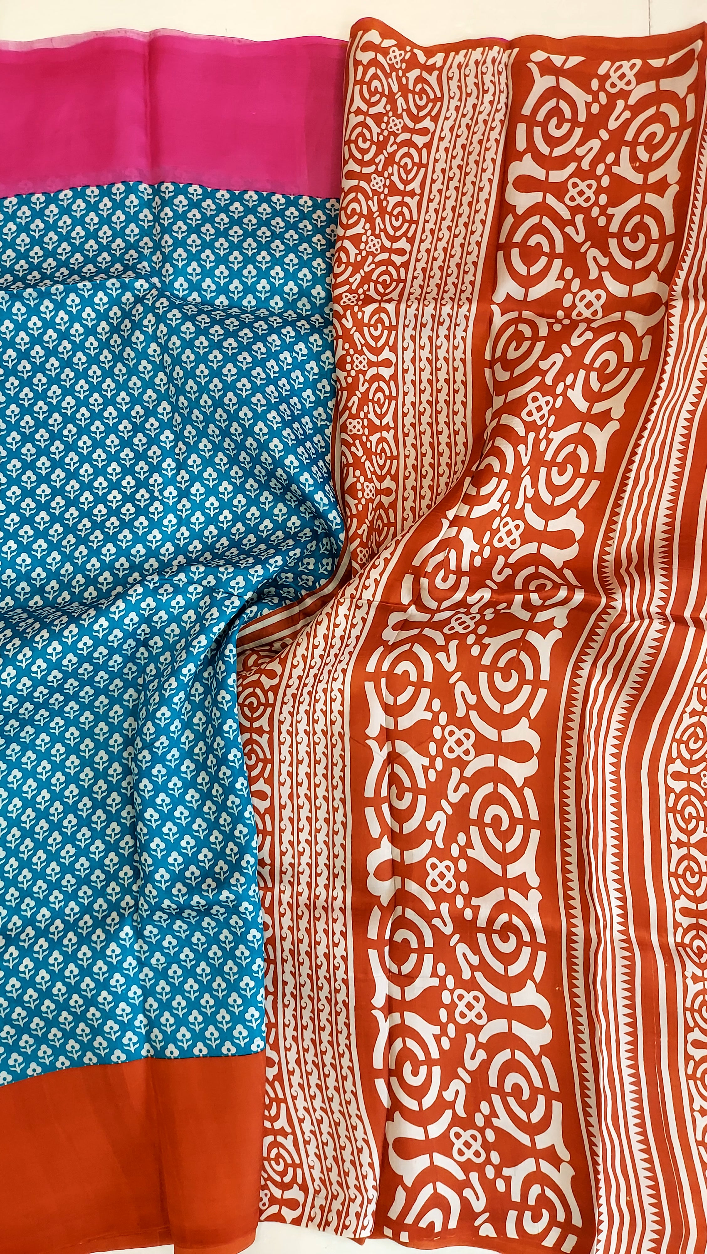 Murshidabad Pure Silk Sarees Hand block Print- Blue