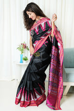 Load image into Gallery viewer, Temple Border Khandua Ikkat Silk Saree - Black
