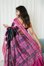 Load image into Gallery viewer, Temple Border Khandua Ikkat Silk Saree - Black
