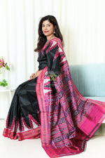 Load image into Gallery viewer, Temple Border Khandua Ikkat Silk Saree - Black
