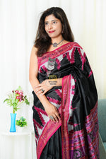 Load image into Gallery viewer, Temple Border Khandua Ikkat Silk Saree - Black
