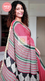 Load image into Gallery viewer, Zari Border Hand Block Print Mulmul Cotton Saree- Brick Red
