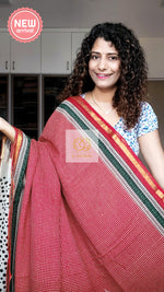 Load image into Gallery viewer, Zari Border Hand Block Print Mulmul Cotton Saree- Brick Red
