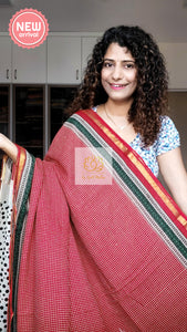 Zari Border Hand Block Print Mulmul Cotton Saree- Brick Red