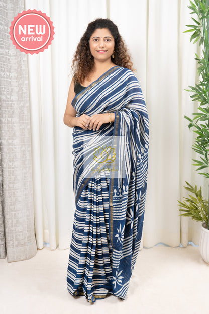 Zari Border Hand Block Print Mulmul Cotton Saree- Indigo 2