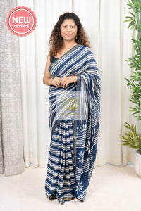 Zari Border Hand Block Print Mulmul Cotton Saree- Indigo 2