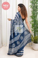 Load image into Gallery viewer, Zari Border Hand Block Print Mulmul Cotton Saree- Indigo 2
