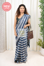 Load image into Gallery viewer, Zari Border Hand Block Print Mulmul Cotton Saree- Indigo 2
