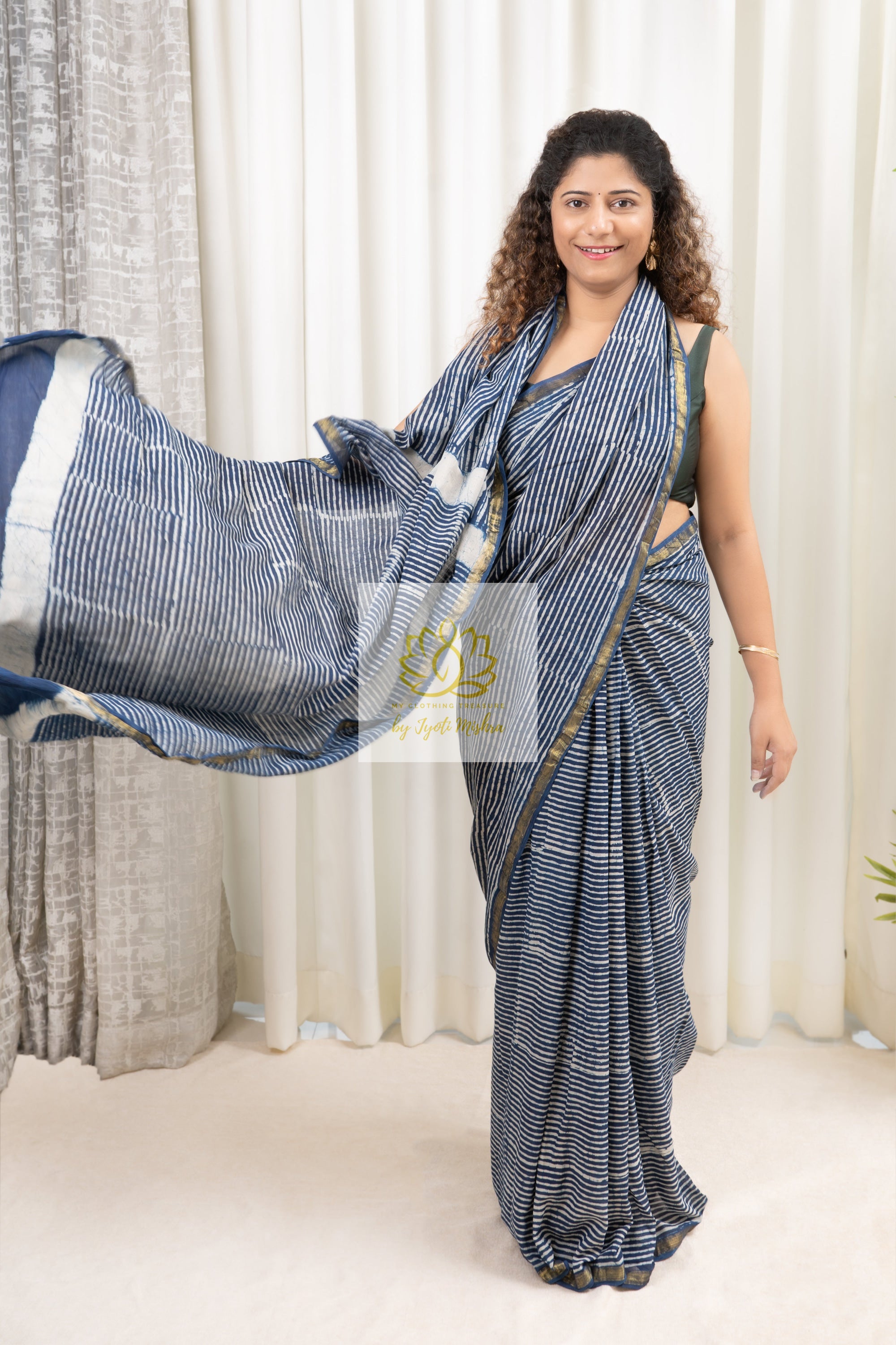 Zari Border Hand Block Print Mulmul Cotton Saree- Indigo