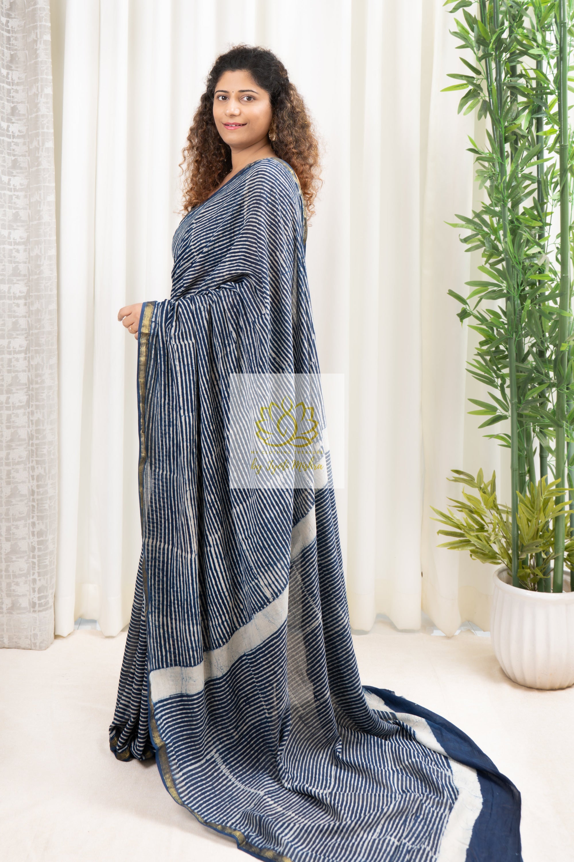 Zari Border Hand Block Print Mulmul Cotton Saree- Indigo