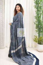 Load image into Gallery viewer, Zari Border Hand Block Print Mulmul Cotton Saree- Indigo
