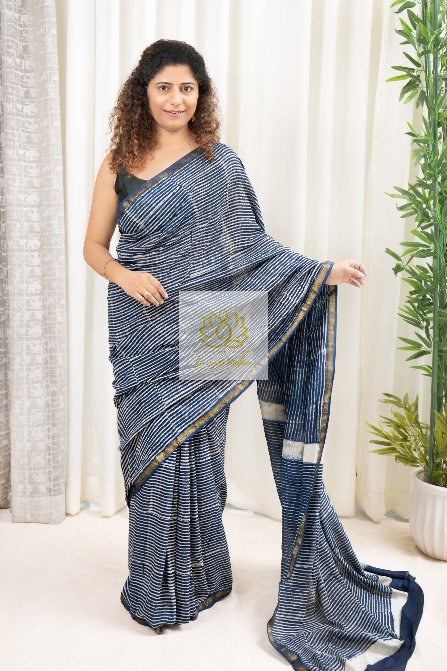 Zari Border Hand Block Print Mulmul Cotton Saree- Indigo