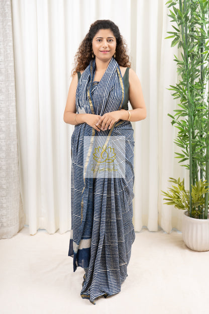 Zari Border Hand Block Print Mulmul Cotton Saree- Indigo