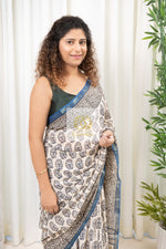 Load image into Gallery viewer, Zari Border Hand Block Print Mulmul Cotton Saree- Ivory Blue
